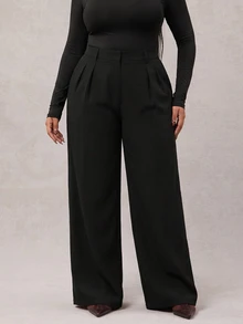 SHEIN Tall CURVE Plus Size Women's Solid Color Pocket Wide Leg Loose Casual Elegant Smart Long Pants Fall Office Vacation Formal Black - Dark Grey - View 4