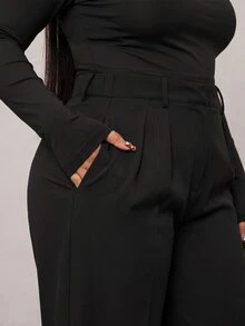 SHEIN Tall CURVE Plus Size Women's Solid Color Pocket Wide Leg Loose Casual Elegant Smart Long Pants Fall Office Vacation Formal Black - Dark Grey - View 8