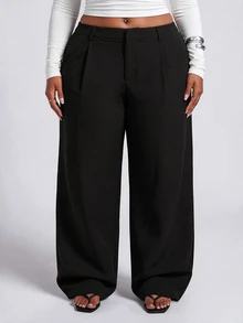 SHEIN Tall CURVE Plus Size Women's Solid Color Pocket Wide Leg Loose Casual Elegant Smart Long Pants Fall Office Vacation Formal Black - Dark Grey - View 10
