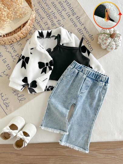 SHEIN Playful Pals 3pcs Toddler Girl Jacket Flared Jeans Top Cute Sweet White Black Blue Bowknot Print Plush Long Sleeve Lapel Thick Party Winter Holiday Cozy Outfit
