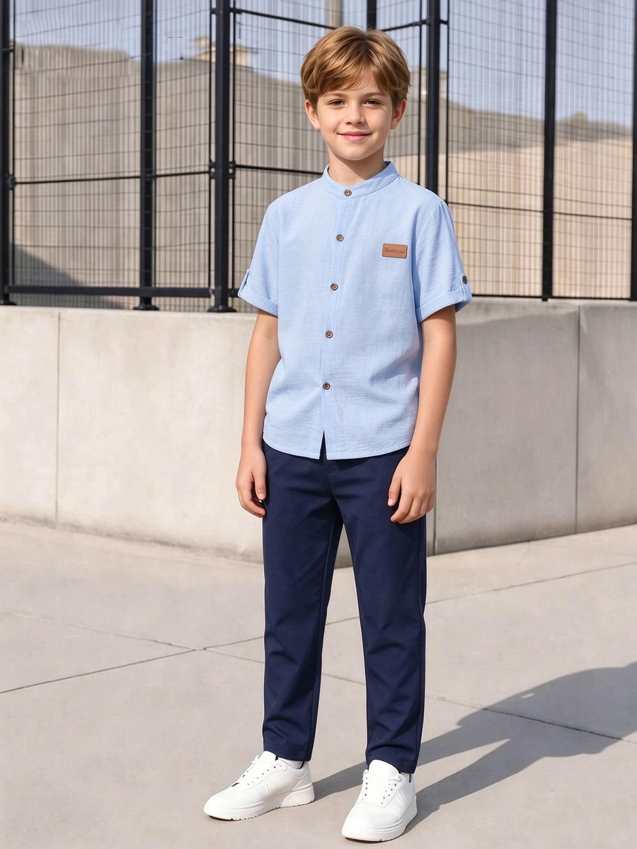 SHEIN 學齡前少年男童 2 件式紳士套裝 中式立領 紫色海軍藍上衣長褲 休閒優雅正式風 80 年代輕商務 春夏秋款 - 藍色 - 查看 1