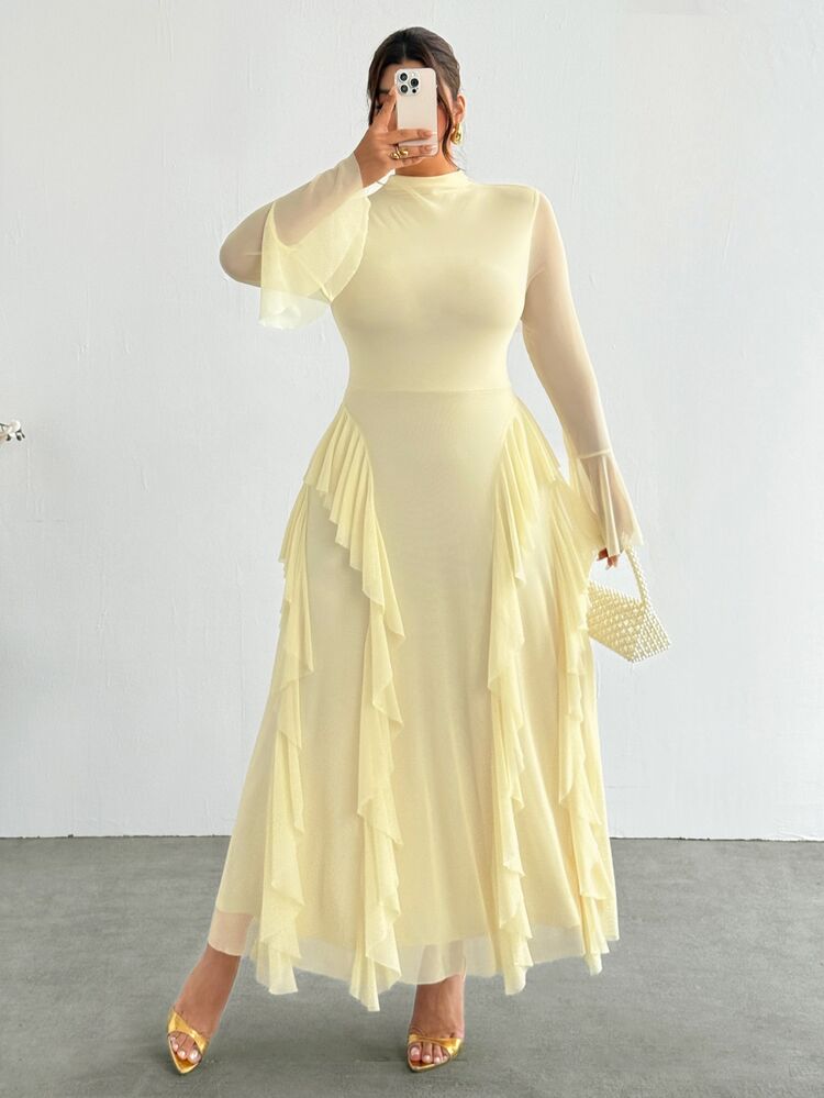 Firerie Plus Size Women's Solid Color Stand Collar Bell Sleeve Patchwork Ruffle Elegant Dress Fall/Winter Elegant Wedding Guest Party Yellow Dress For Women - Yellow - View 7