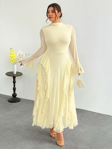 Firerie Plus Size Women's Solid Color Stand Collar Bell Sleeve Patchwork Ruffle Elegant Dress Fall/Winter Elegant Wedding Guest Party Yellow Dress For Women - Yellow - View 3