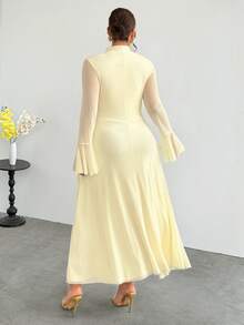 Firerie Plus Size Women's Solid Color Stand Collar Bell Sleeve Patchwork Ruffle Elegant Dress Fall/Winter Elegant Wedding Guest Party Yellow Dress For Women - Yellow - View 2