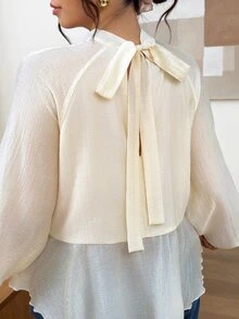 Lounesse Áo blouse nữ size lớn phong cách Pháp ngọt ngào, vải voan bèo nhún, mặc thường ngày đi chơi mùa Thu/Đông, phong cách casual công sở đi làm - Màu be - Xem 3