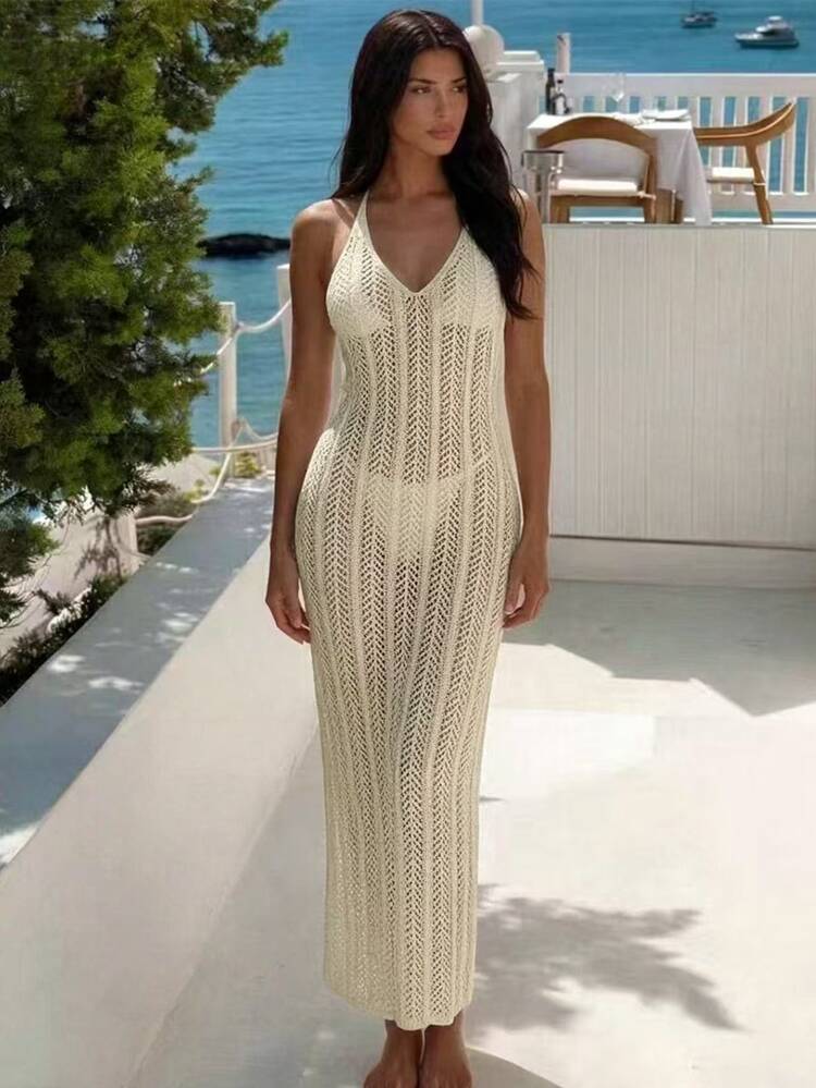 SHEIN Swim Women Bohemian Style Backless Halter Beach Cover Up Dress, For Summer, Vacation, Travel, Festival, Swimming Pool,Summer Beach - Apricot - View 3