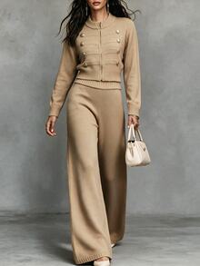 Breezaya Autumn/Winter Napoleon Metal Button Cardigan + Wide Leg Pants Women's Sweater 2 Pieces Set - Khaki - View 3
