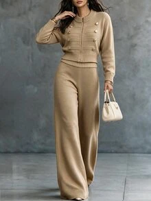 Breezaya Autumn/Winter Napoleon Metal Button Cardigan + Wide Leg Pants Women's Sweater 2 Pieces Set - Khaki - View 4