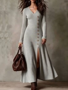 LUMIGAL Women's Grey Fuzzy Thermal Lined Button Contrast Color Waist-Cinching Slim Fit Slit Dress, Elegant Commute Style For Spring And Autumn - Grey - View 1