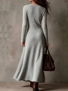 LUMIGAL Women's Grey Fuzzy Thermal Lined Button Contrast Color Waist-Cinching Slim Fit Slit Dress, Elegant Commute Style For Spring And Autumn - Grey - View 2