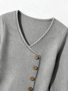 LUMIGAL Women's Grey Fuzzy Thermal Lined Button Contrast Color Waist-Cinching Slim Fit Slit Dress, Elegant Commute Style For Spring And Autumn - Grey - View 5