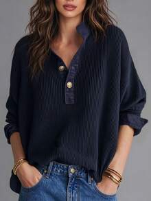 Glimmora Atasan Kasual Longgar Lengan Panjang Kancing Setengah Plaket Warna Polos untuk Wanita - Navy Blue - View 1