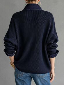 Glimmora Atasan Kasual Longgar Lengan Panjang Kancing Setengah Plaket Warna Polos untuk Wanita - Navy Blue - View 2