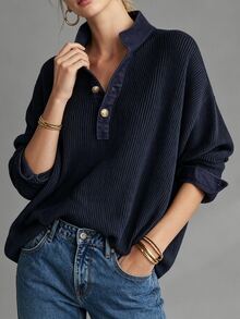 Glimmora Atasan Kasual Longgar Lengan Panjang Kancing Setengah Plaket Warna Polos untuk Wanita - Navy Blue - View 4