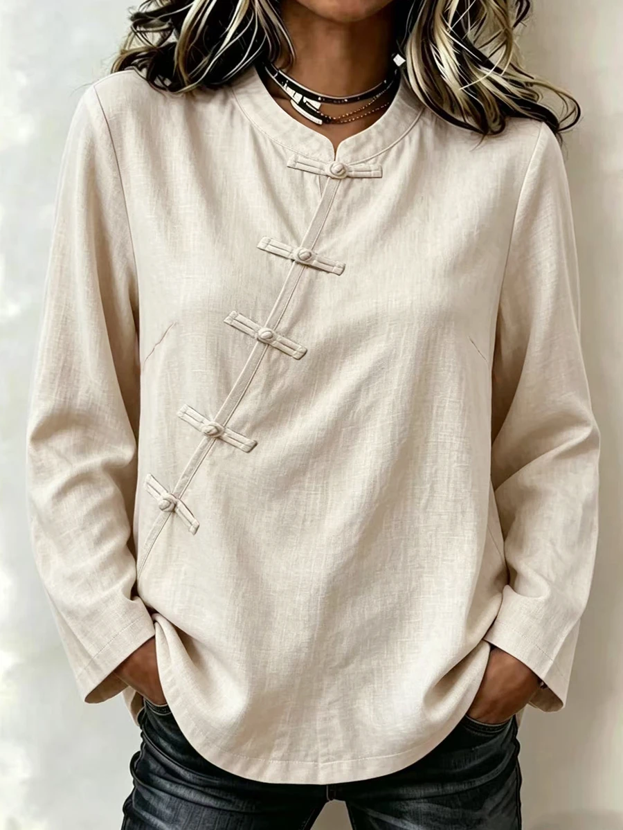 Breezaya Women's Solid Color Frog Button Placket Long Sleeve Casual Shirt - Khaki - View 1