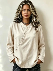 Breezaya Women's Solid Color Frog Button Placket Long Sleeve Casual Shirt - Khaki - View 3