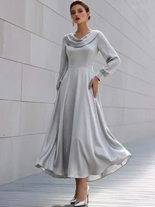 SHEIN 女款優雅銀色緞面秋季晚宴禮服，收腰褶皺設計，光滑面料，珍珠鈕扣裝飾 - 灰色 - 查看 5