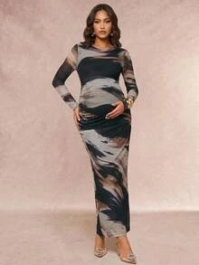 MaterniChic Maternity Tie-Dye Round Neck Long Sleeve Slim Fit Elegant Dress Fall - Multicolor - View 2