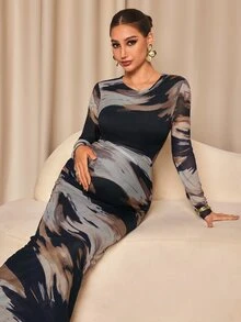 MaterniChic Maternity Tie-Dye Round Neck Long Sleeve Slim Fit Elegant Dress Fall - Multicolor - View 6