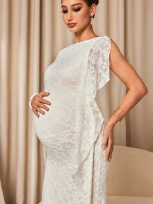 MaterniChic Maternity Jacquard Textured Lace Patchwork Fashionable Elegant Dress Fall - Apricot - View 7