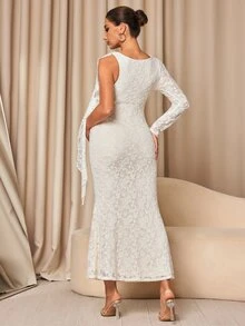 MaterniChic Maternity Jacquard Textured Lace Patchwork Fashionable Elegant Dress Fall - Apricot - View 10