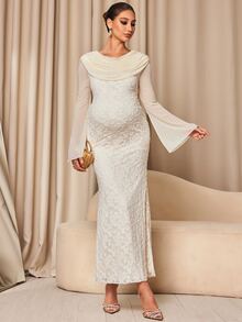 MaterniChic Maternity Ruched Flare Sleeve Fitted Elegant Dress Fall - Apricot - View 2