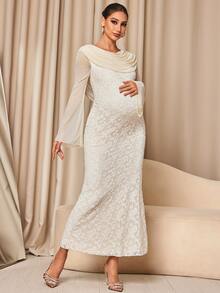 MaterniChic Maternity Ruched Flare Sleeve Fitted Elegant Dress Fall - Apricot - View 4