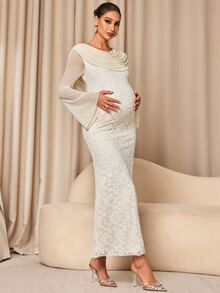 MaterniChic Maternity Ruched Flare Sleeve Fitted Elegant Dress Fall - Apricot - View 5
