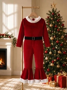 SHEIN Elladie kids Girls Christmas Velvet Long Sleeve Jumpsuit, Faux Fur Trim Red Bell Bottom Christmas Performance Outfit - Red - View 8