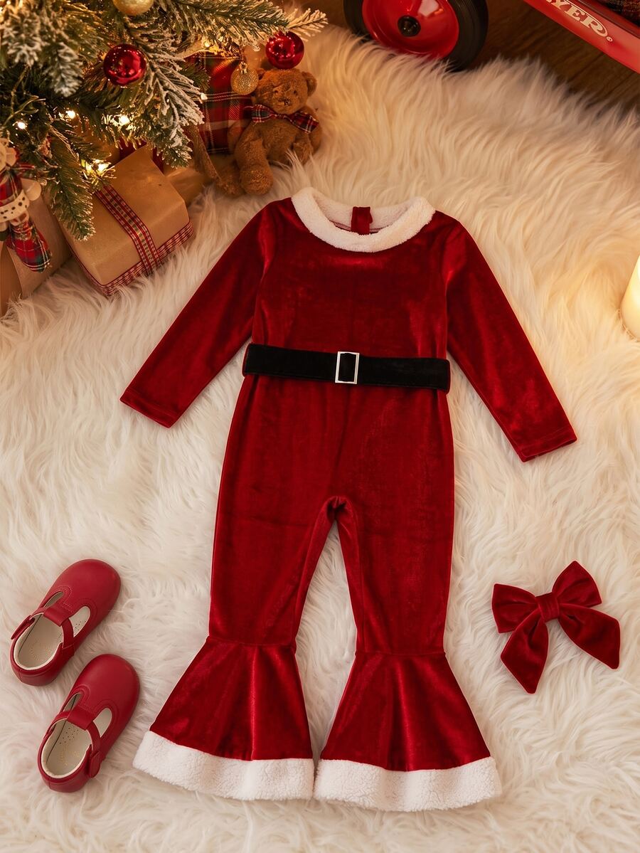 SHEIN Elladie kids Girls Christmas Velvet Long Sleeve Jumpsuit, Faux Fur Trim Red Bell Bottom Christmas Performance Outfit - Red - View 1