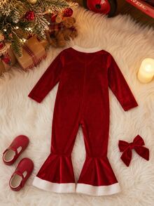 SHEIN Elladie kids Girls Christmas Velvet Long Sleeve Jumpsuit, Faux Fur Trim Red Bell Bottom Christmas Performance Outfit - Red - View 2