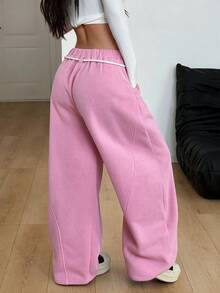 Coolane Women's All-Season Basic Casual Streetwear Back To School Preppy Sporty Lounge Pink Elastic Waist Drawstring Wide Leg Sweatpants - Baby Pink - View 6