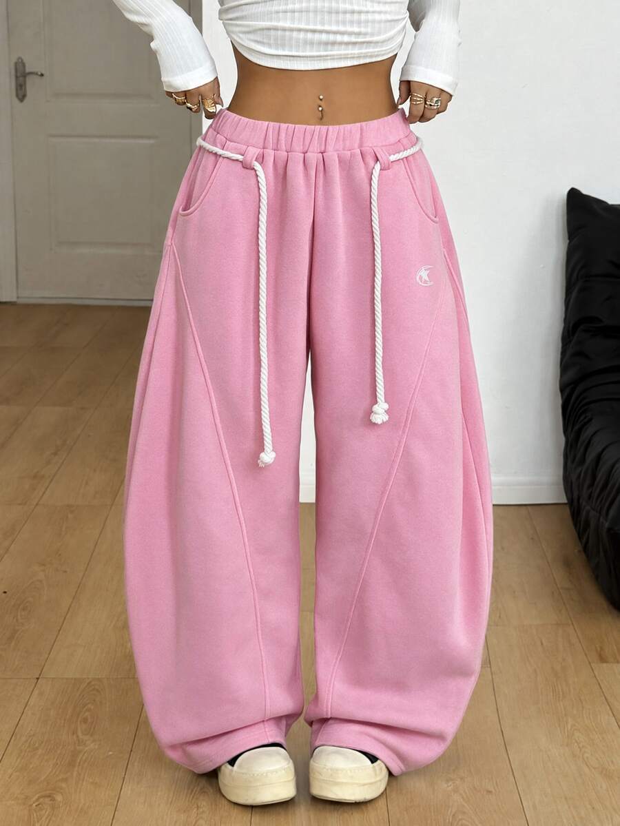 Coolane Women's All-Season Basic Casual Streetwear Back To School Preppy Sporty Lounge Pink Elastic Waist Drawstring Wide Leg Sweatpants - Baby Pink - View 1