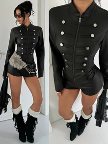 Jeanoix Y2K Women's Solid Color Button Decor Zipper Long Sleeve Romper - Black - View 1