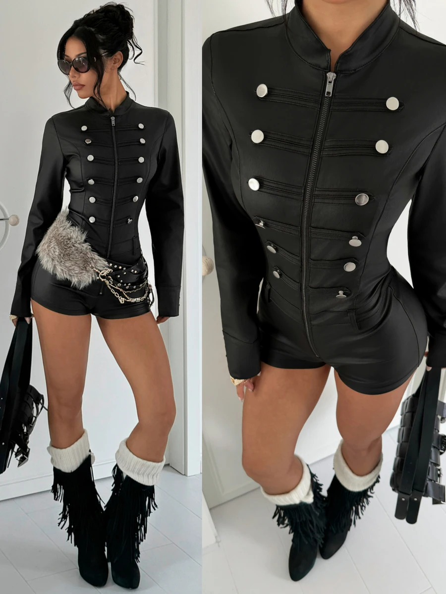 Jeanoix Y2K Women's Solid Color Button Decor Zipper Long Sleeve Romper - Black - View 1
