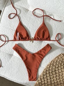 SHEIN Swim Women's Solid Color Spaghetti Strap Metal Decor Sexy Bikini Set, Summer - Brown - View 2