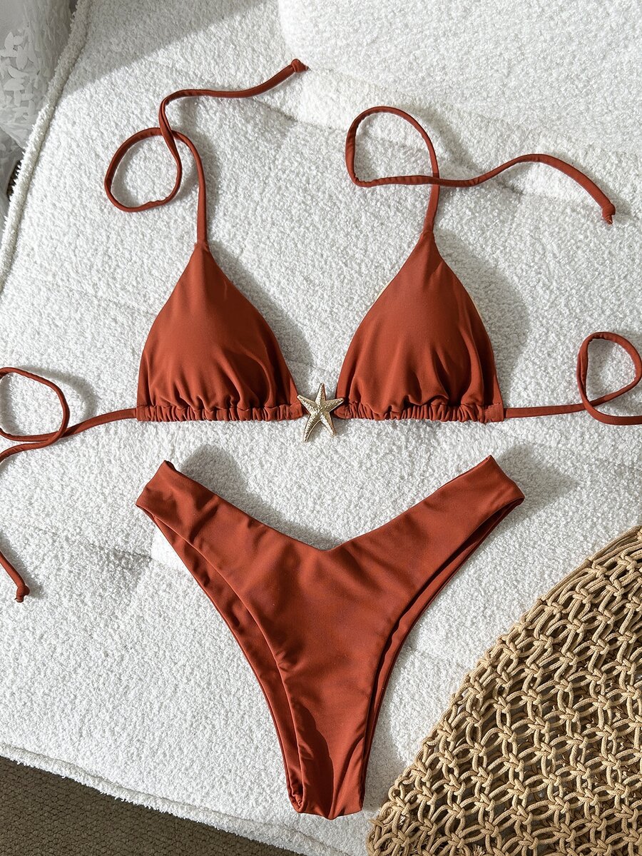 SHEIN Swim Women's Solid Color Spaghetti Strap Metal Decor Sexy Bikini Set, Summer - Brown - View 1