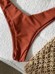 SHEIN Swim Women's Solid Color Spaghetti Strap Metal Decor Sexy Bikini Set, Summer - Brown - View 6