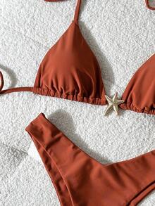 SHEIN Swim Women's Solid Color Spaghetti Strap Metal Decor Sexy Bikini Set, Summer - Brown - View 4