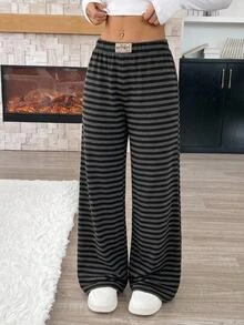 SHEIN Tween女孩灰色條紋長褲，寬鬆版型，百搭日常穿著，加厚柔軟舒適，秋冬新款 - 灰色 - 查看 6