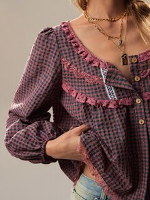 SHEIN The Lady's Autumn And Winter Pink Plaid Long-Sleeve Shirt With A Square Collar Is Paired With Matching Silk Flower Lace. It Has Loose Puff Sleeves And - Multicolor - View 7