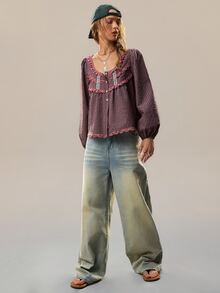 SHEIN The Lady's Autumn And Winter Pink Plaid Long-Sleeve Shirt With A Square Collar Is Paired With Matching Silk Flower Lace. It Has Loose Puff Sleeves And - Multicolor - View 6