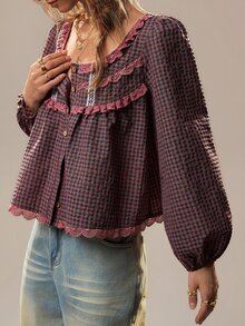 SHEIN The Lady's Autumn And Winter Pink Plaid Long-Sleeve Shirt With A Square Collar Is Paired With Matching Silk Flower Lace. It Has Loose Puff Sleeves And - Multicolor - View 4