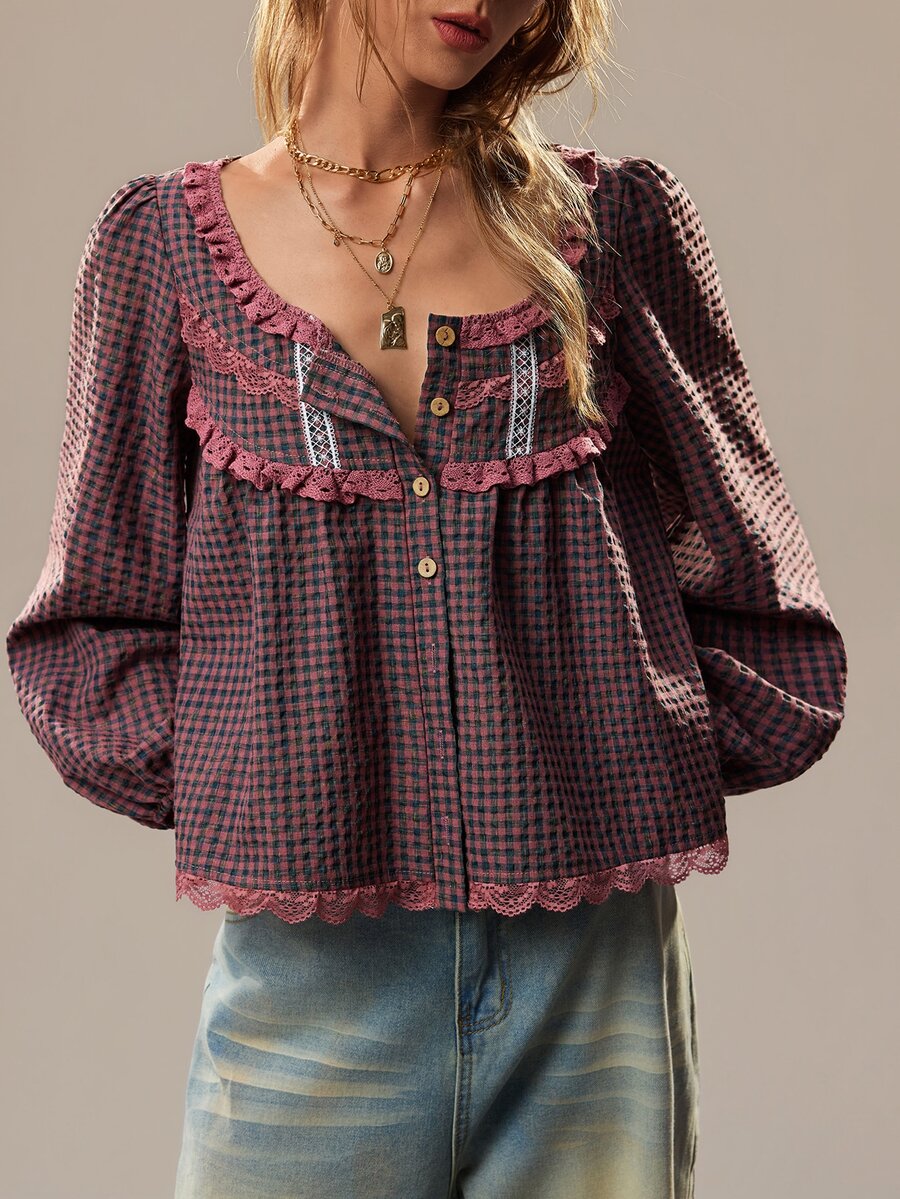 SHEIN The Lady's Autumn And Winter Pink Plaid Long-Sleeve Shirt With A Square Collar Is Paired With Matching Silk Flower Lace. It Has Loose Puff Sleeves And - Multicolor - View 1