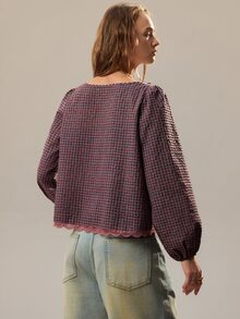 SHEIN The Lady's Autumn And Winter Pink Plaid Long-Sleeve Shirt With A Square Collar Is Paired With Matching Silk Flower Lace. It Has Loose Puff Sleeves And - Multicolor - View 2