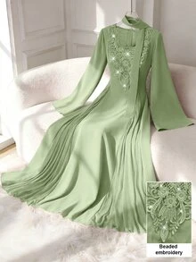 Al Najma V领串珠刺绣花卉荷叶边网纱拼接修身长袖优雅喇叭下摆女士晚礼服，粉色 - 綠色 - 查看 3