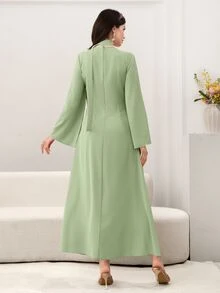 Al Najma V领串珠刺绣花卉荷叶边网纱拼接修身长袖优雅喇叭下摆女士晚礼服，粉色 - 綠色 - 查看 6