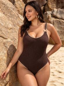SHEIN Swim 2026新款女士夏季时尚连体泳衣，圆领金属配饰，特殊面料，修身剪裁，显瘦，适合海滩/度假/运动穿着 - 棕色 - 查看 3