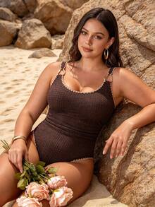 SHEIN Swim 2026新款女士夏季时尚连体泳衣，圆领金属配饰，特殊面料，修身剪裁，显瘦，适合海滩/度假/运动穿着 - 棕色 - 查看 8