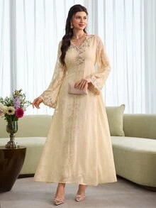 Al Najma V-Neck Embroidered Floral Trim Pink Long Sleeve Elegant Floral Dress For Women - Apricot - View 6